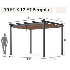 10x12ft Outdoor Aluminum Retractable Pergola Canopy Shelter Grape Trellis Brown