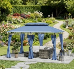 Spacious Double Roof Patio Gazebo with Shelves and Netting for Lawn & Backyard