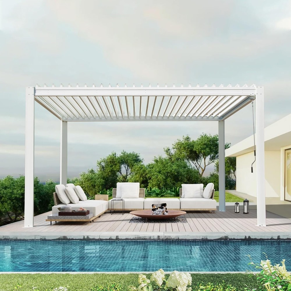 Domi Outdoor 10X13FT White Louvered Pergola w/Adjustable Roof, Aluminum Frame