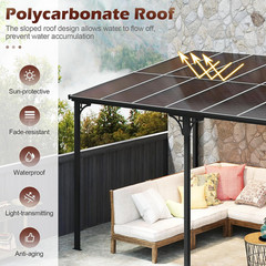 10X13 Ft Lean-To Wall-Mounted Gazebo, Large Hardtop Pergola with Sloped Polycarb