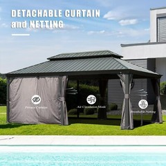 Domi 14x24FT Outdoor Hardtop Gazebo Aluminum Double Roof w/Curtain&Netting, Grey