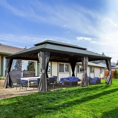 Domi 14x24FT Outdoor Hardtop Gazebo Aluminum Double Roof w/Curtain&Netting, Grey