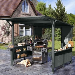 9X10FT Outdoor Hardtop Grill Gazebo with Storage Shelves and Expansion Platform