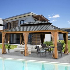 Domi 12&prime; x 18&prime; Outdoor Hardtop Gazebo Aluminum Wood Grain Frame w/Sidewalls