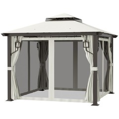 10&prime; Patio Gazebo, Mesh Netting, Curtains, 2-Tier Vented Canopy, Cream White