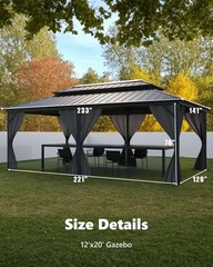 12 x 20 FT Outdoor Hardtop Gazebo, Heavy Duty Double Metal Roof, Net & Curtain