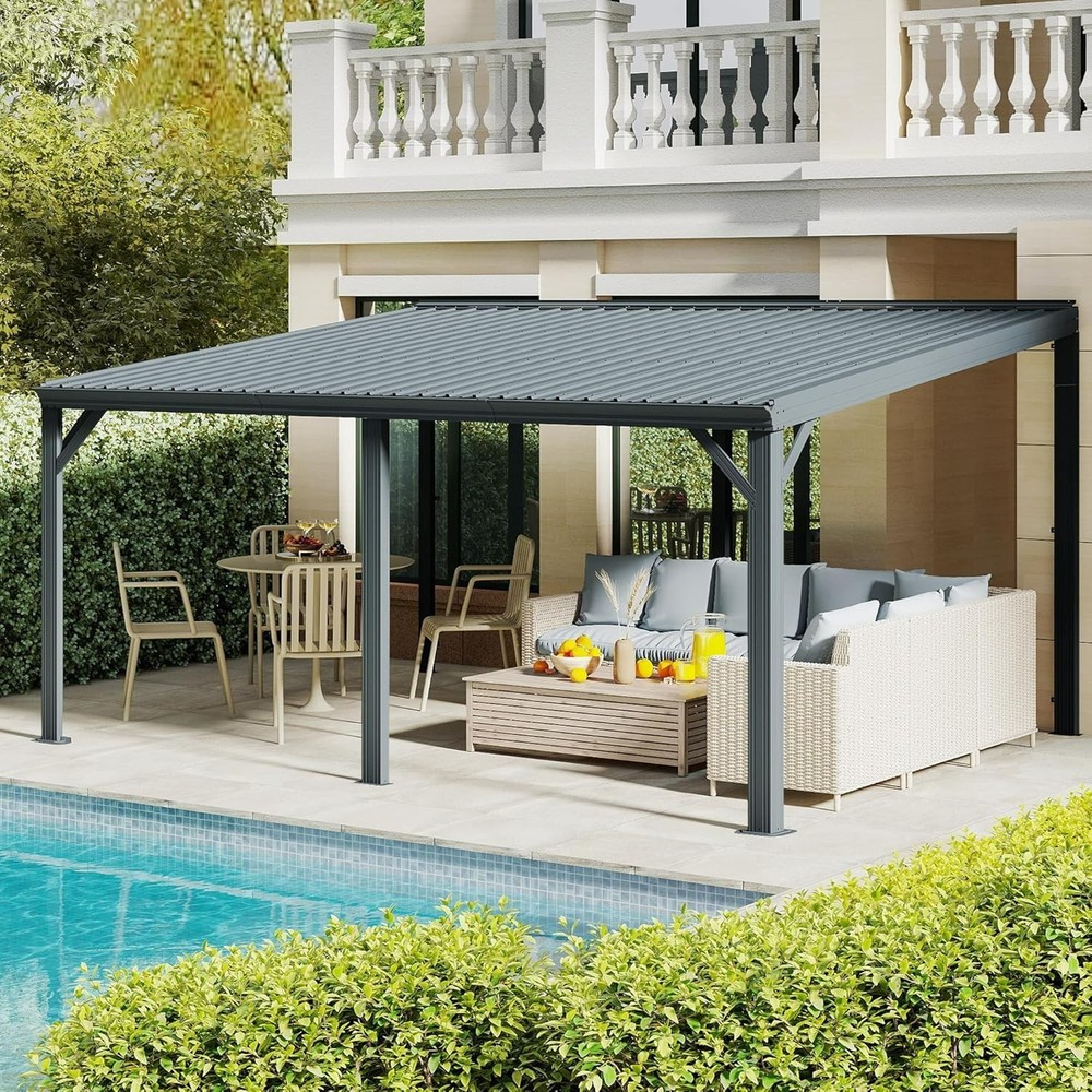 Domi 10x16FT Lean to Gazebo, Wall Mounted Gazebo w/Sloping Roof,Drainage System