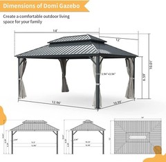 Domi 12’ x 14’ Hardtop Gazebo Outdoor Aluminum Gazebo w/Netting, Gray