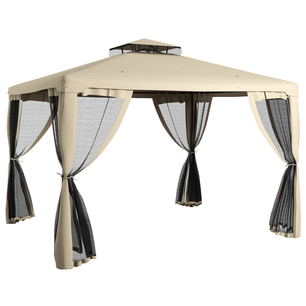 9.6&prime; x 11.6&prime; Outdoor Patio Gazebo Pavilion Canopy Tent w/ 2-Tier Roof Taupe