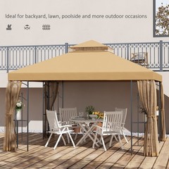 Gazebo 10&prime; x 12&prime; Steel Outdoor Garden Gazebo with Mesh Curtains – Brown